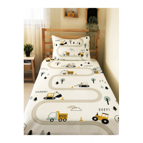 Inşaat Makineleri Yol Desenli Bebek Ve Çocuk Baskılı Tek Kişilik Pike Takımı 160x230 beyaz