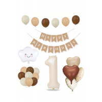1 Yaş Retro Doğum Günü Seti; Krem Rakam Folyo, Banner, Kalp Folyo ve Lateks Balon