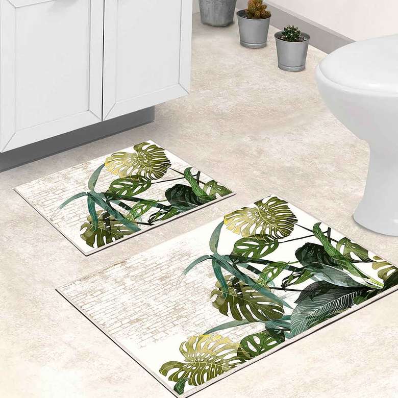 Digital Printed Non-Slip 2-Set Bathroom Toilet Set Green Cream