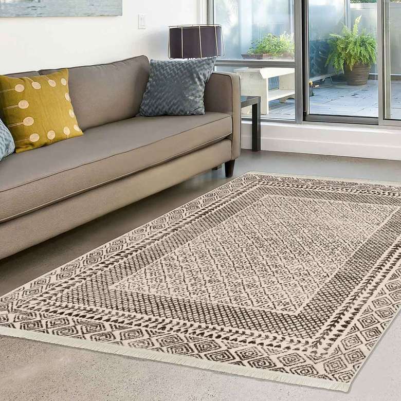 Velvet Non-Slip Fringed Carpet 4M2 Cream Black