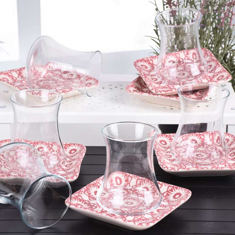 Keramika İknat Pink Tea Set 12 Pieces for 6 Persons