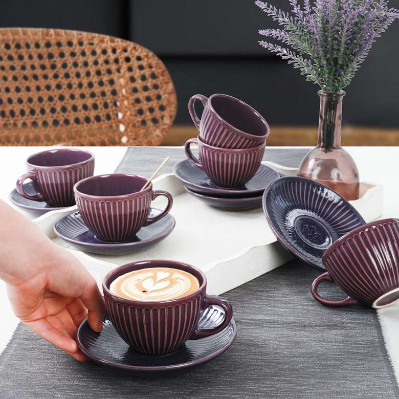 Keramika Purple Myra Tea Cup Set 12 Pieces for 6 Persons