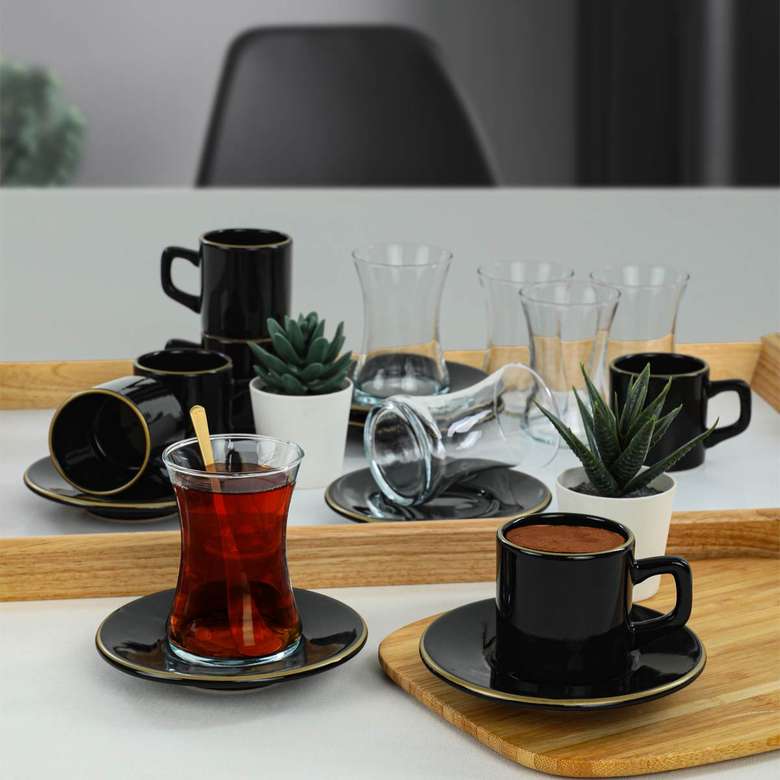 Keramika Luna Gold Black Tea/Coffee Cup Set 18 Pieces for 6 Persons