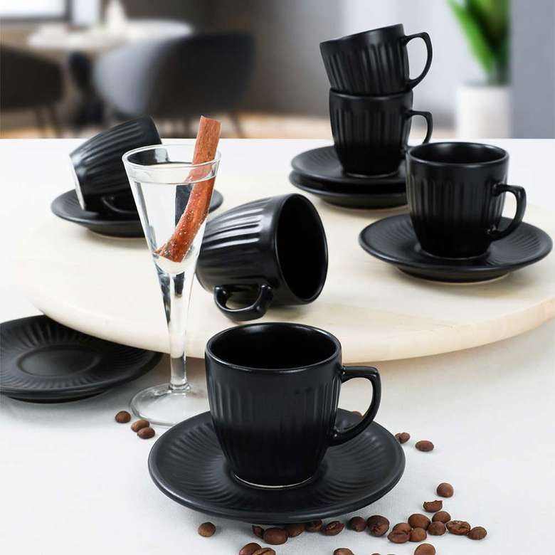 Keramika Matte Black Line Coffee Cup Set 12 Pieces for 6 Persons