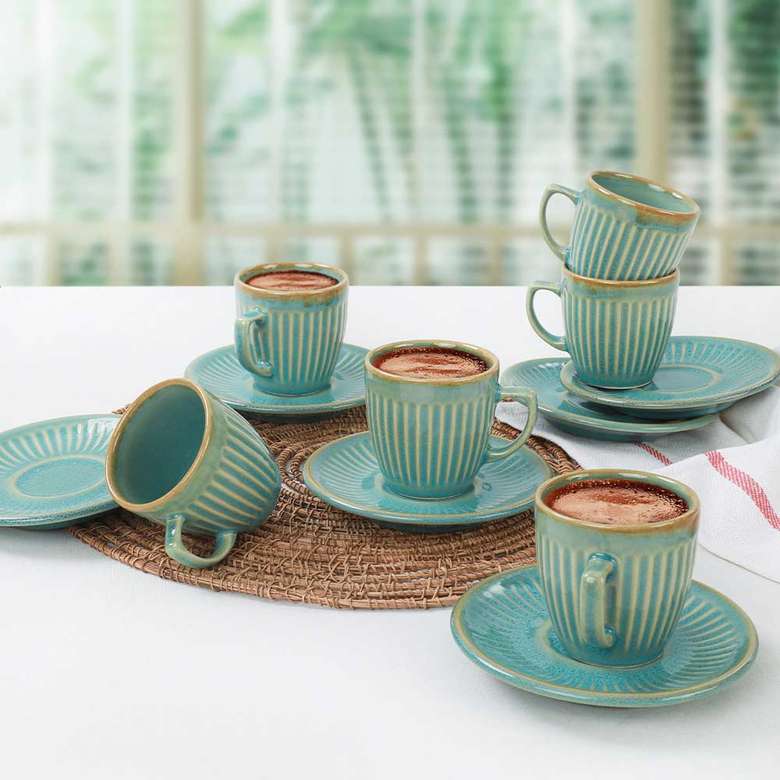 Keramika Teal Line Coffee Cup Set 12 Pieces for 6 Persons