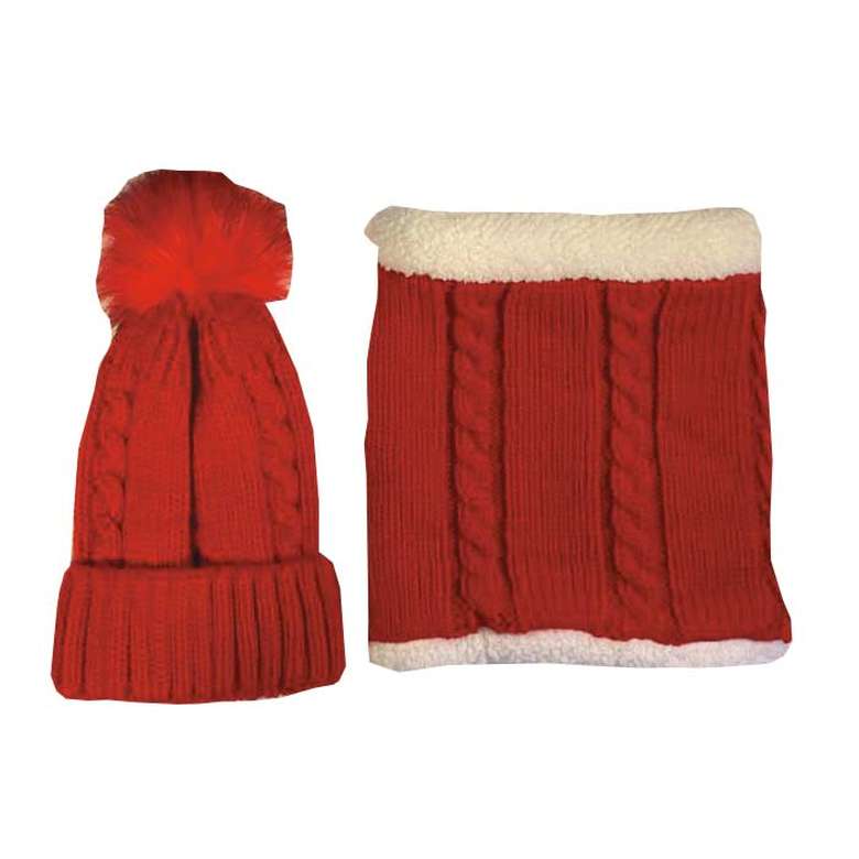 Women's Plush Beanie Neck Collar Set Red