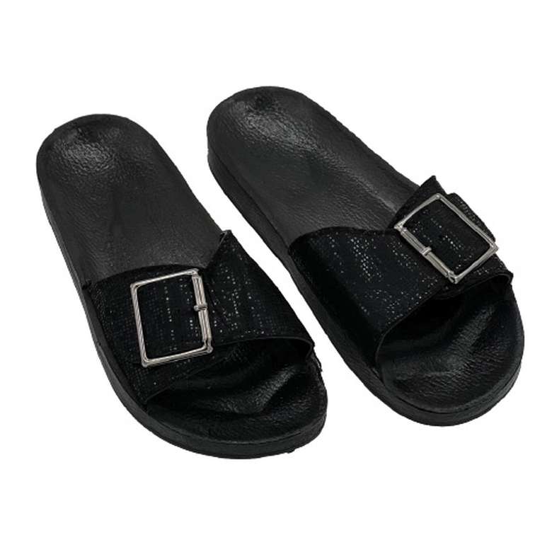 Women's Single Buckle Silvery Slippers Black