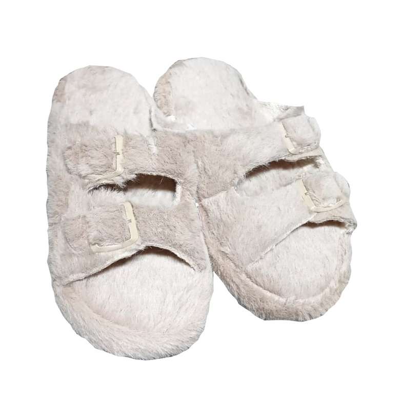 Women's Double Buckle Plush Slippers Beige