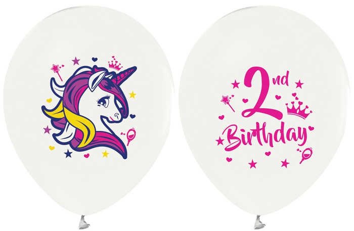 Balloon Printed Licensed 12 Inch 4+1 Unicorn 2 Year White Pk:100 Kl:50