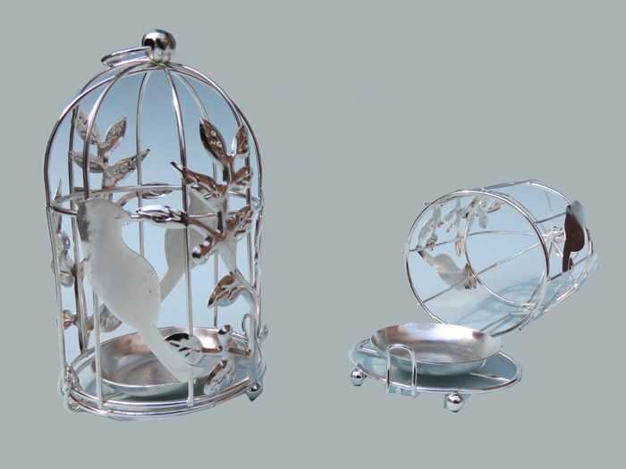 Bird Cage With Bird And Candle Holder Silver P10-500