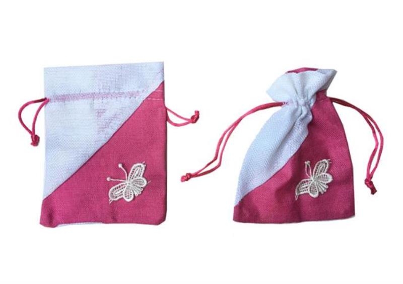 Wholesale Butterfly Patterned Fuchsia Red Burlap Pouch