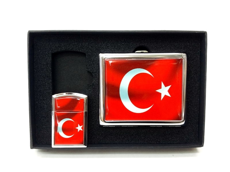 Wholesale Turkish Flag Design Lighter Cigarette Case Set